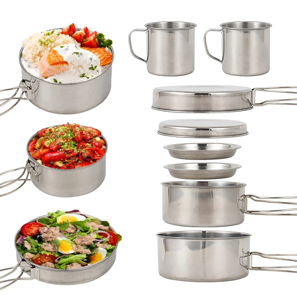 8 pçs/set panelas de acampamen - Camping Cooking Set With Bag avaliação e preço